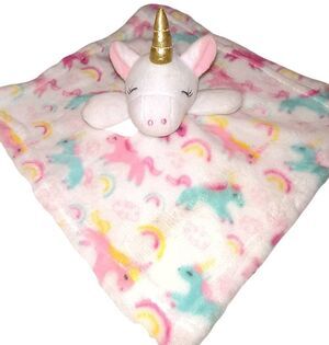 le bebe FAVORITE" Unicorn Rainbow Plush Lovey Security Blanket. It features a pl